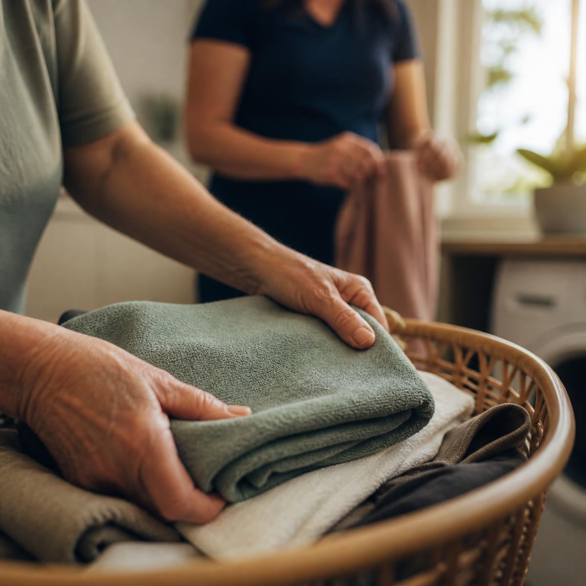 Hands folding laundry into a basket in a sunlit home laundry while a support worker helps nearby.