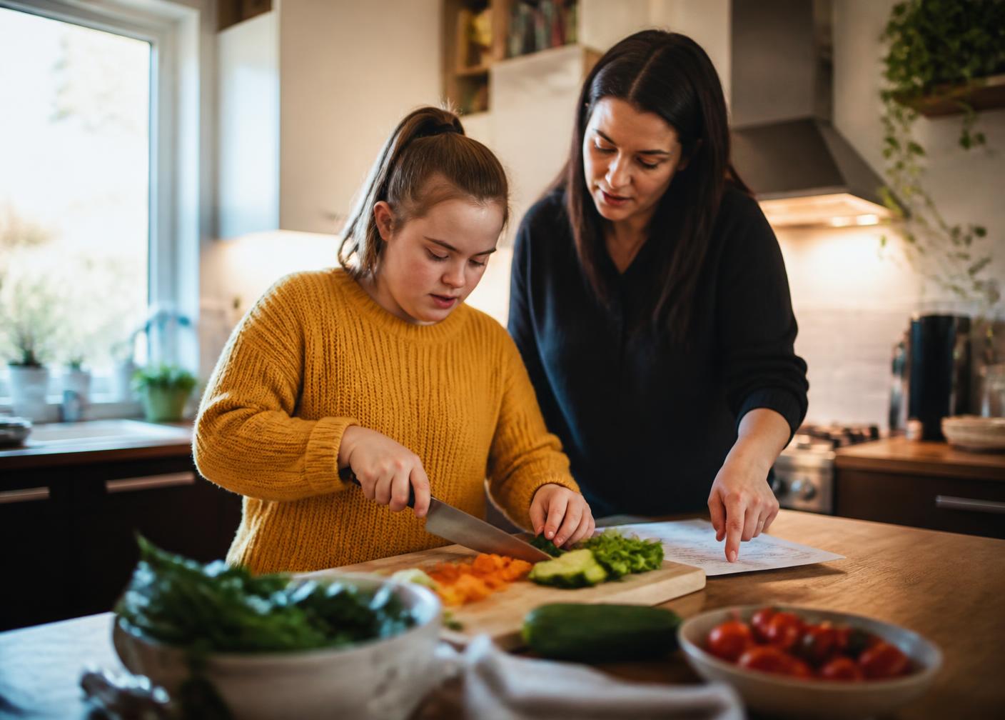 A young woman chops vegetables at the kitchen bench while a support worker points to the recipe beside her.