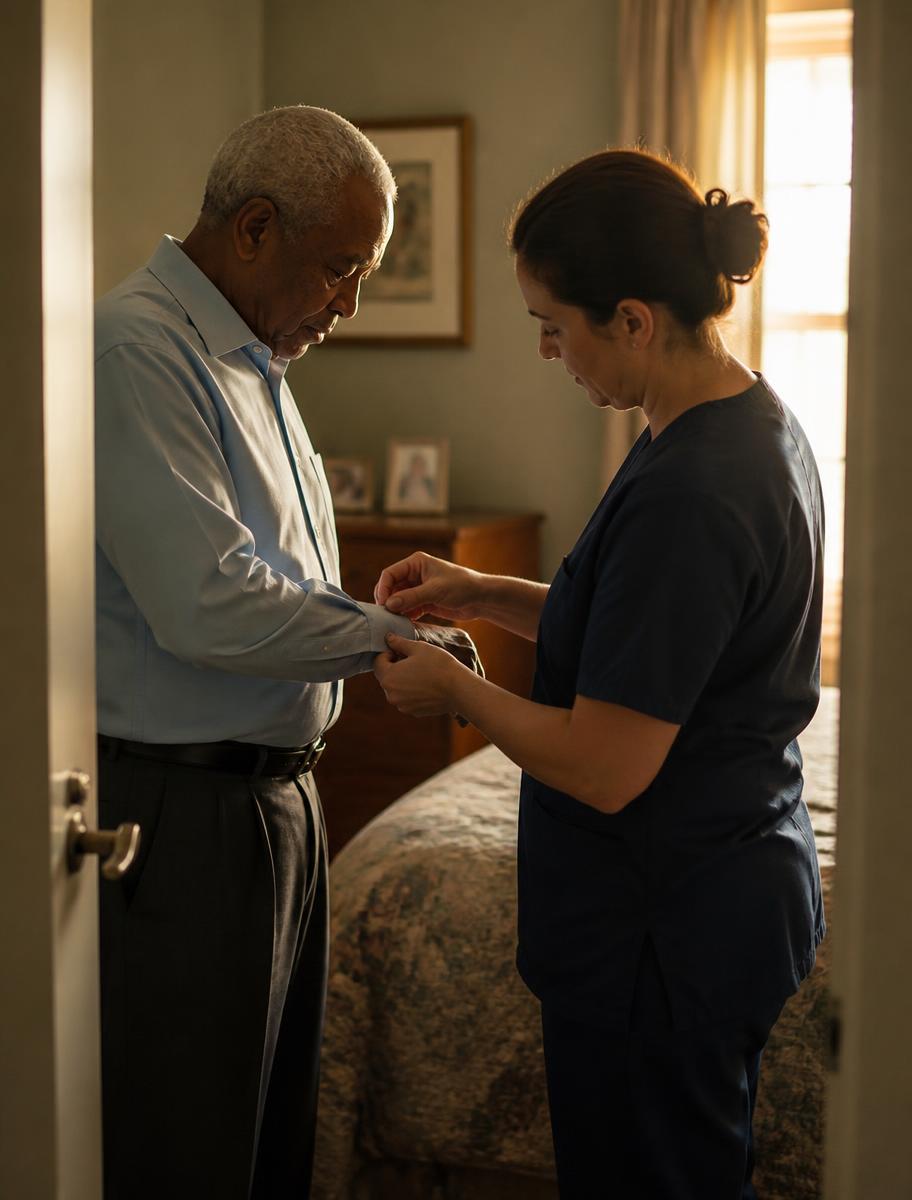 A support worker helping an older man fasten his shirt cuff in his bedroom.